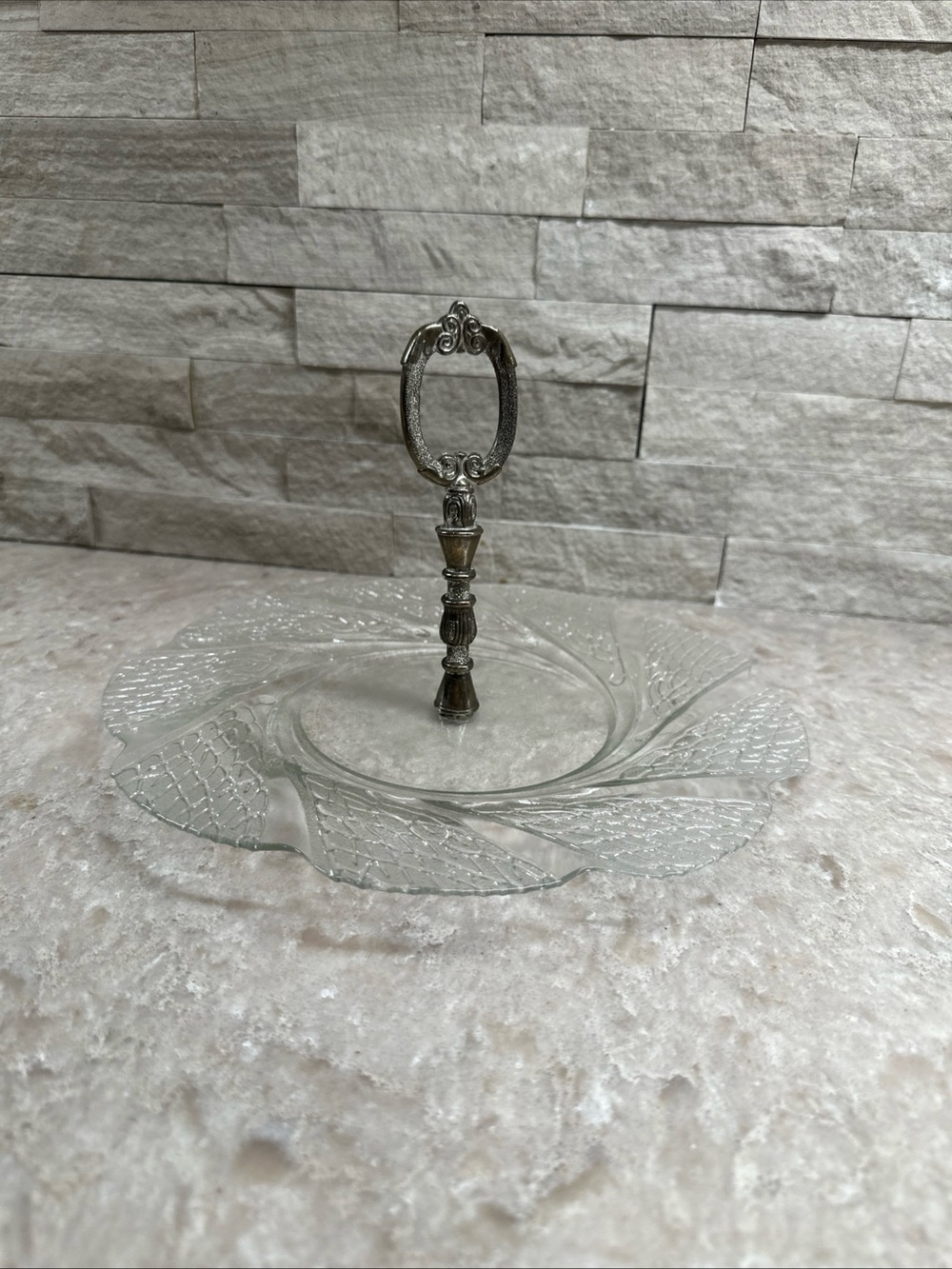 Vtg Serving tray  Ice Glass Silver turning Handle, 10” Round 1 Tier MCM Granny
